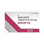Baclof 25 Mg Box/Carton showing the Front face.