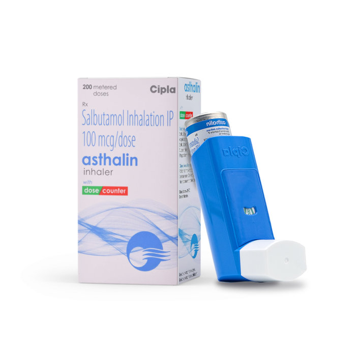 Asthalin HFA Inhaler 100 mcg Box/Carton + Inhaler showing the Front face.