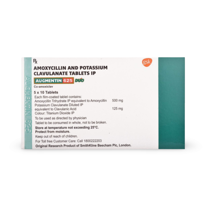 Augmentin 625 Duo Tablet Box/Carton showing the Back face.