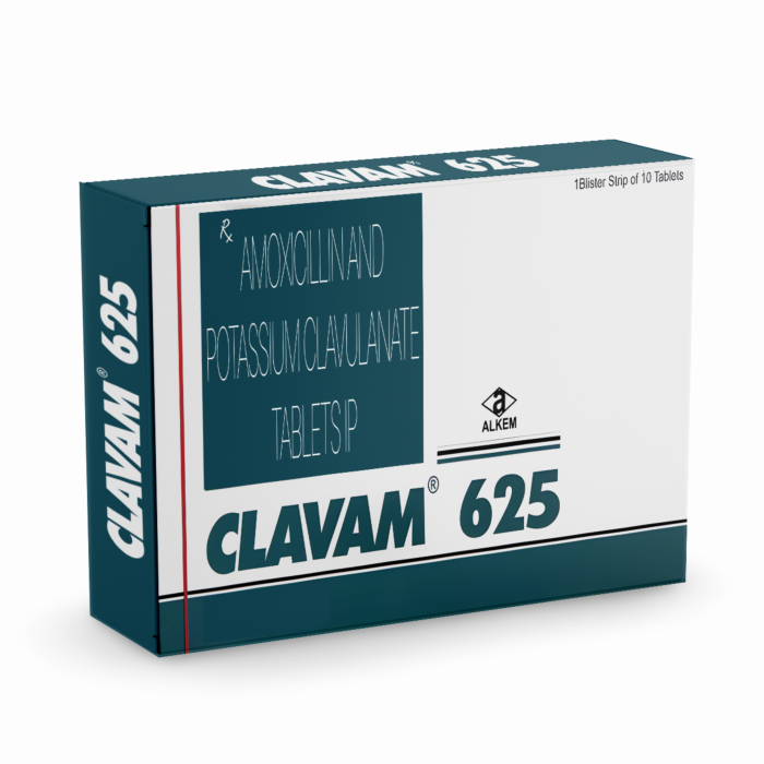 Clavam 625 Box/Carton + Blister Pack showing the Front face.
