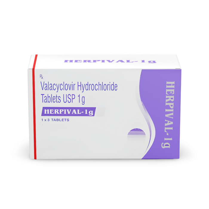 Herpival 1000 mg Tablet Box/Carton showing the Front face.