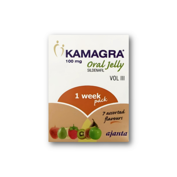 Kamagra oral jelly vol 3 Box/Carton showing the Front face.