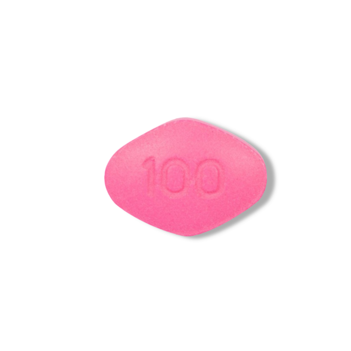 Lovegra 100 mg Tablet showing the Top face.