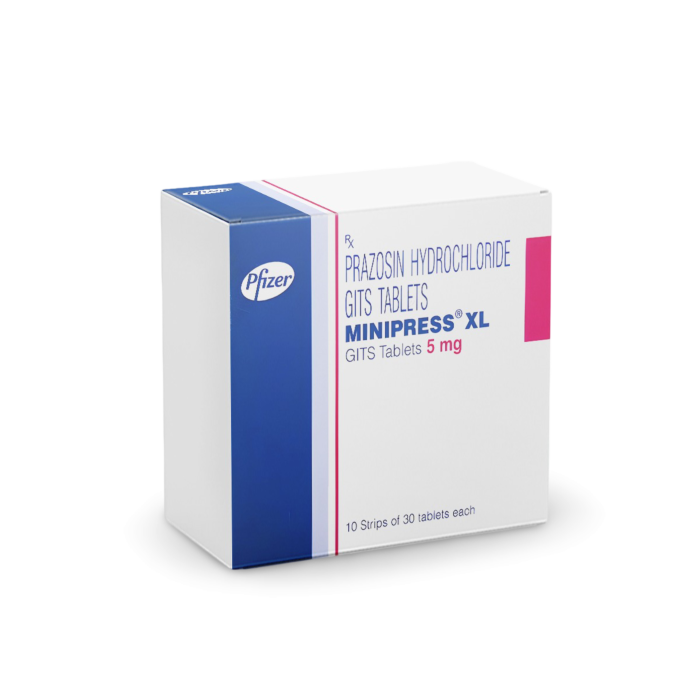 Minipress XL 5 Mg Box/Carton showing the Front face.