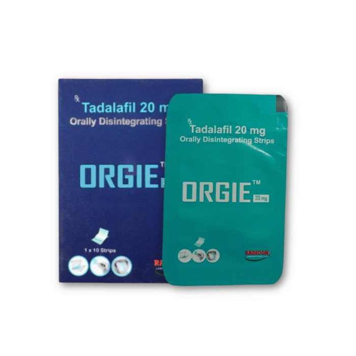 Orgie 20 Mg Tadalafil Oral Strips Box/Carton + Strip showing the Front face.