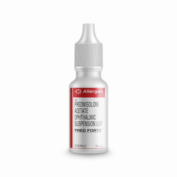 Pred Forte 10 ml Eye Drops Bottle showing the Front face.