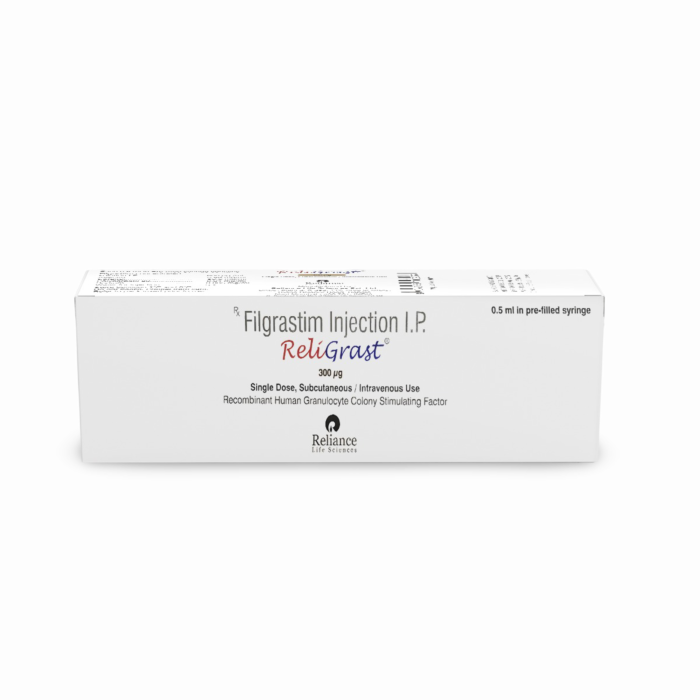 Religrast 300 Mcg Injection 0.5 ml Box/Carton showing the Front face.