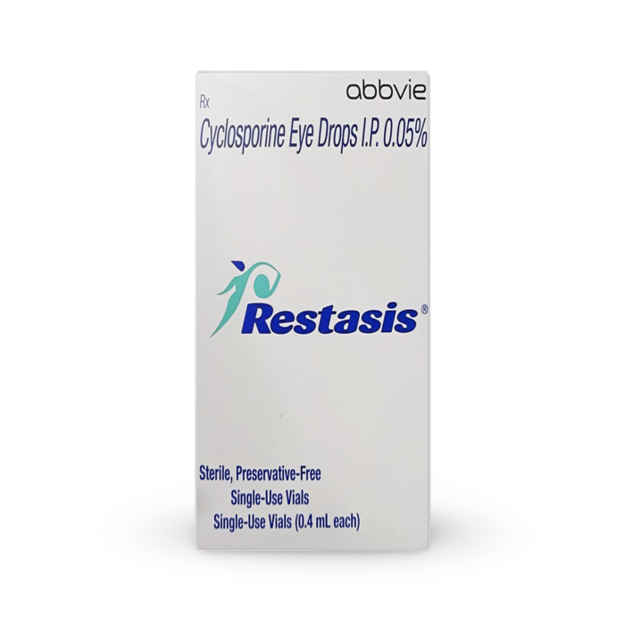 Restasis 0.05% Ophthalmic Emulsion 0.4ml Box/Carton showing the Front face.