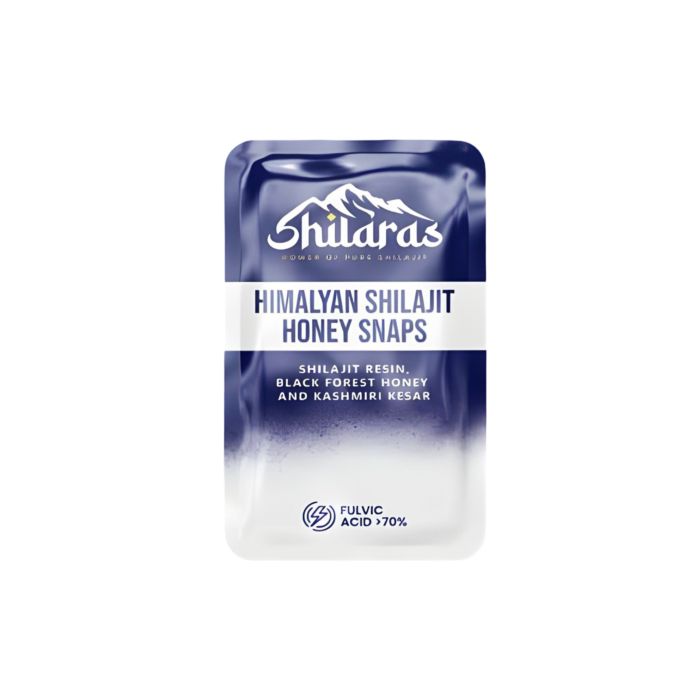 Shilaras Himalayan Shilajit Honey Snaps Sachet showing the Front face.