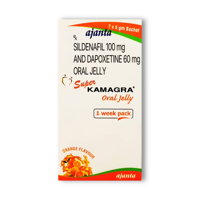 Super Kamagra Oral Jelly Rx 100+60 Mg Sachet showing the Front face.