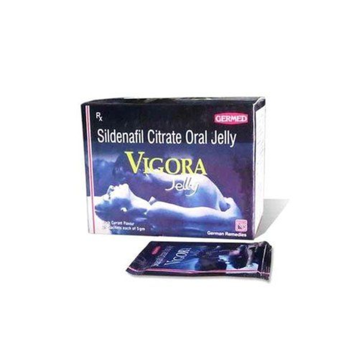 Vigora Oral Jelly 100 mg Box/Carton + Sachet showing the Front face.